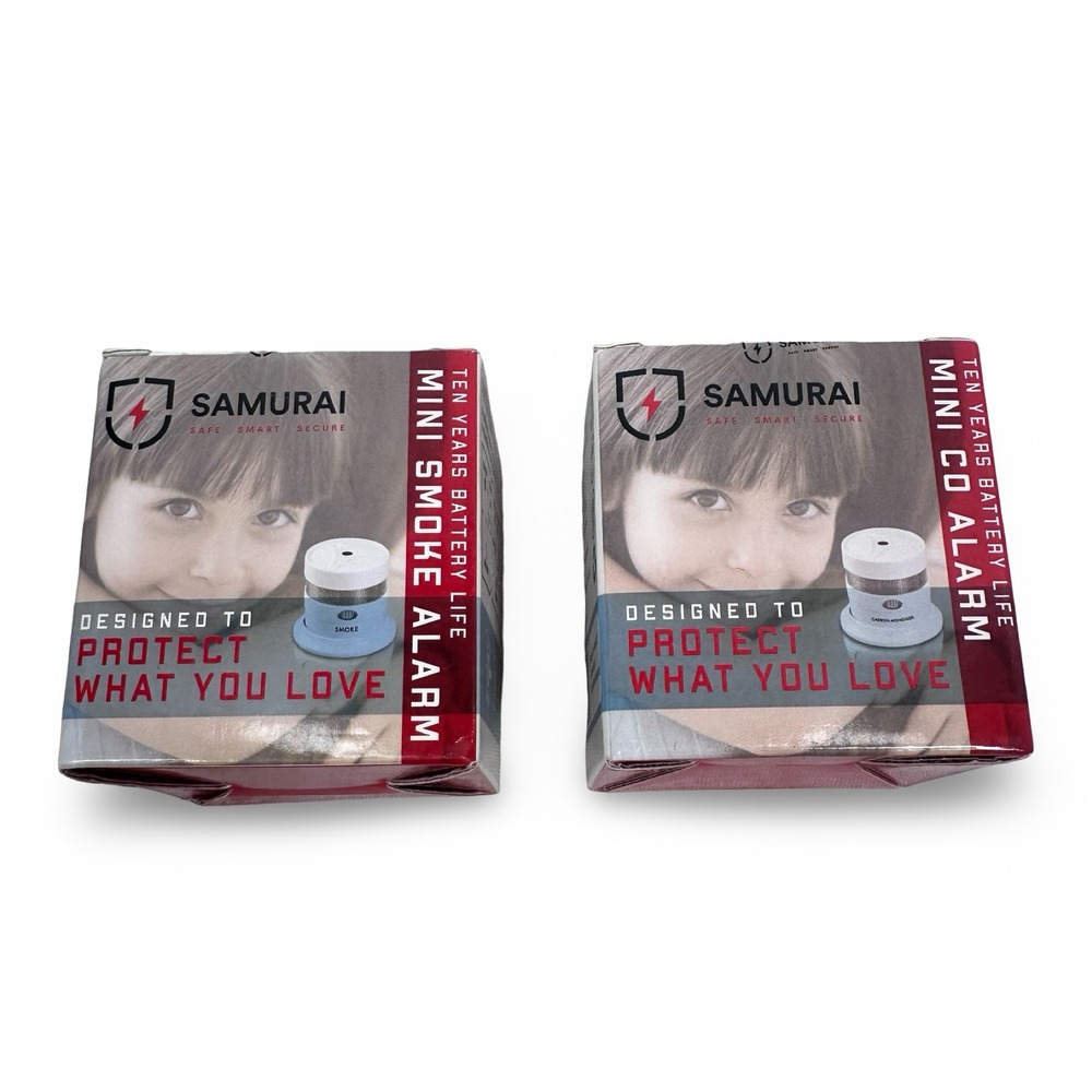 Lot of 2 Samurai SM1 Mini Smoke Alarms 10 Year Battery Photoelectric White Gray